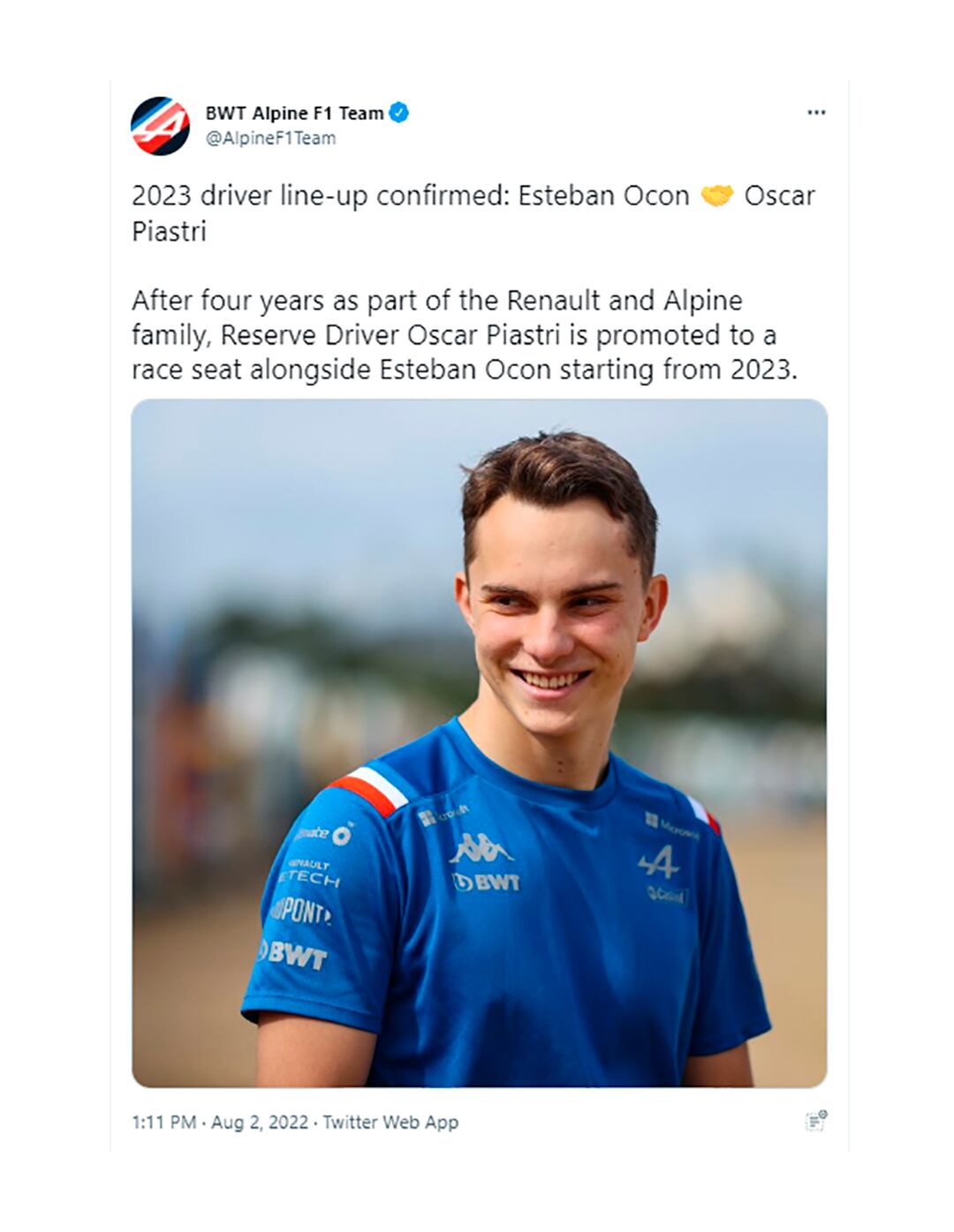 El anuncio de Alpine oficializando la presencia de Oscar Piastri como titular en 2023