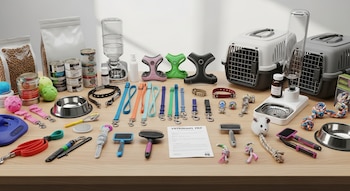 Mesa de madera clara con alimentos, correas, arneses, cepillos, juguetes, transportadoras, platos, dispensadores, receta y medicinas para mascotas.