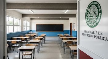 Un aula de escuela primaria con pupitres y sillas alineados, un pizarrón negro, ventanas y una puerta blanca con el logo y el texto de la Secretaría de Educación Pública.