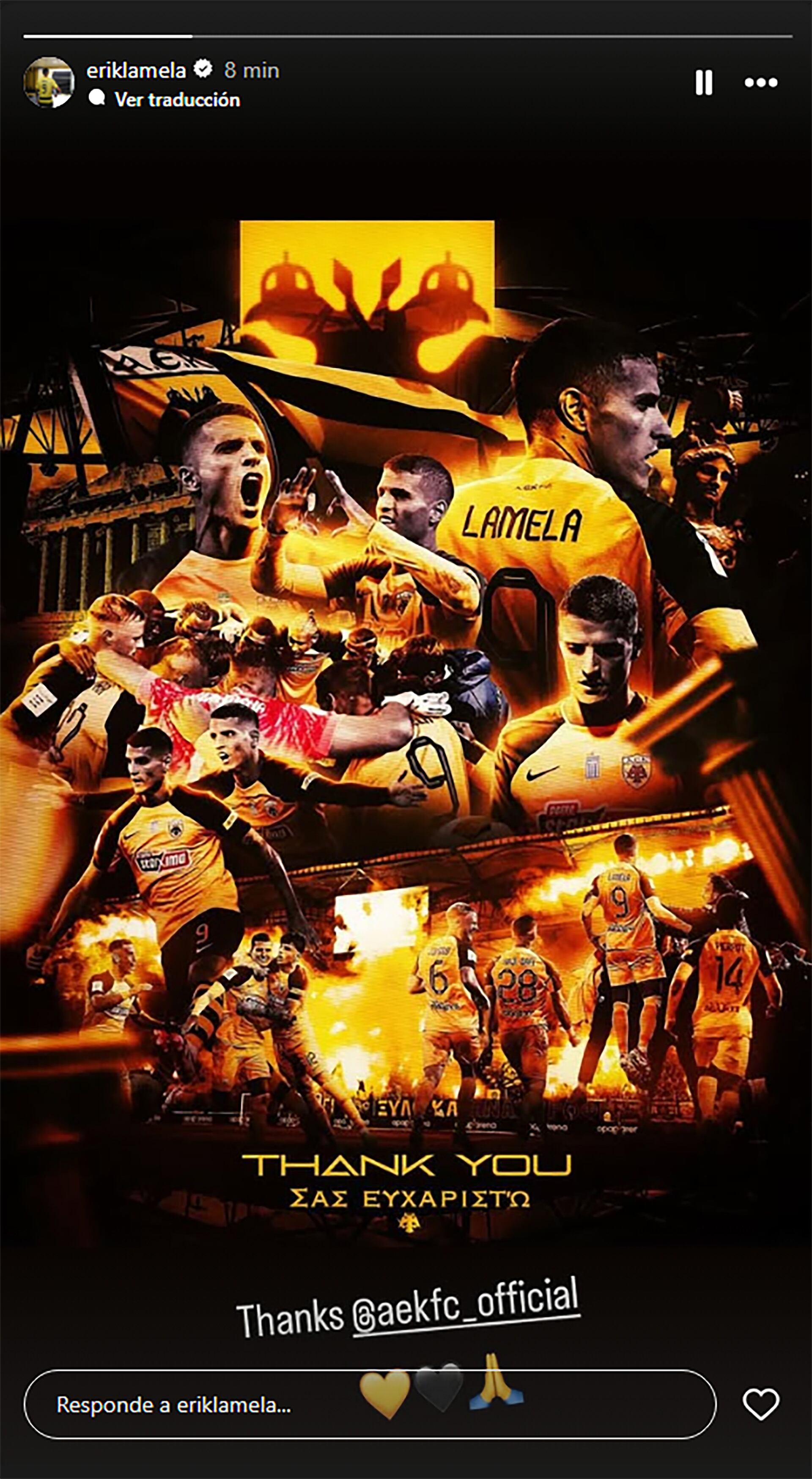 La imagen que utilizó Erik Lamela para despedirse del AEK