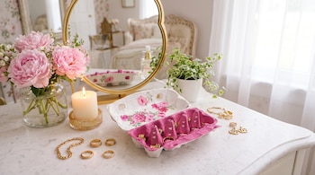 Varias joyas de oro reposan dentro de una huevera pintada y sobre una mesa de mármol junto a un florero con peonías, una vela y un espejo.