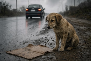 Un perro mojado sentado junto a un cartón al borde de una pista asfaltada mientras un automóvil negro se aleja en el fondo.