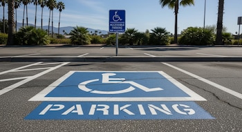 Un espacio de estacionamiento azul y blanco para personas con discapacidad con un letrero vertical que dice "ACCESSIBLE PARKING" en un día soleado en California.