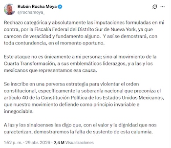 El mandatario estatal calificó los señalamientos como "una perversa estrategia para violentar el orden constitucional y la soberanía nacional". (Crédito: X | @rochamoya_)