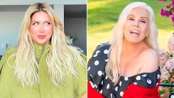 Díptico que muestra a Wanda Nara a la izquierda con cabello rubio y chaqueta verde, y Susana Giménez a la derecha con top de puntos y mangas rojas