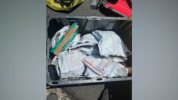 Una caja negra de almacenamiento llena de numerosos sobres acolchados blancos de Priority Mail y paquetes postales, algunos parcialmente abiertos, vistos desde arriba
