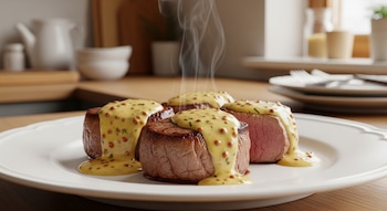 Imagen de cuatro medallones de lomo de res sobre un plato blanco, cubiertos con una salsa cremosa de mostaza con granos y hierbas, de los cuales se eleva vapor.
