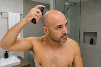 Hombre con el torso descubierto aplicándose un aerosol oscuro en la cabeza dentro de un baño con azulejos grises.