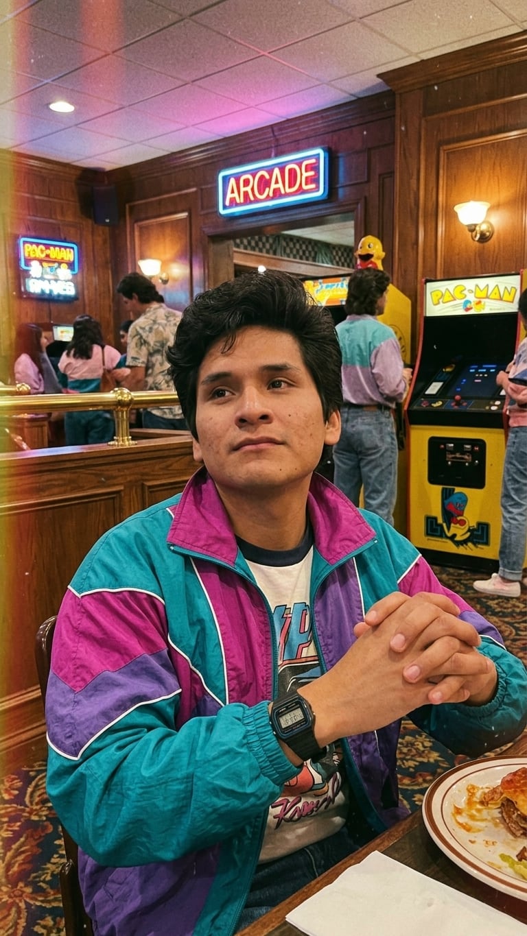 La imagen muestra a un joven en un café de la década del 80 con vestimenta vintage.
(Rafael Montoro)