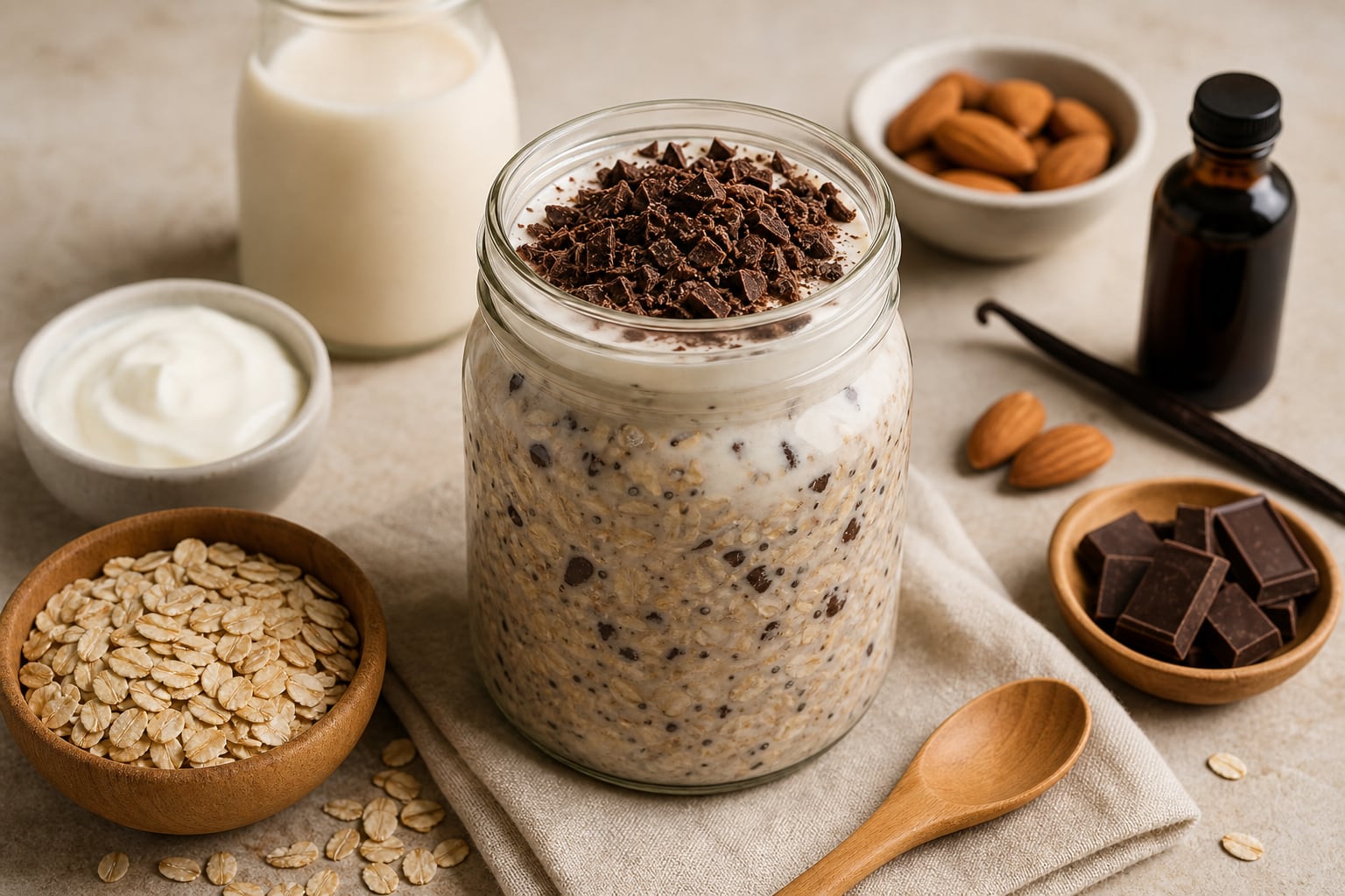 Un frasco de avena nocturna con yogur y trozos de chocolate se presenta junto a sus ingredientes sobre una mesa. (Imagen Ilustrativa Infobae)