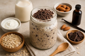 Un frasco de avena con chocolate rodeado por tazones con copos de avena, yogur, almendras, chocolate, leche y una botella.