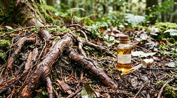 Un frasco de vidrio con aceite dorado y un cuentagotas reposan en el suelo del bosque entre raíces expuestas y musgo.
