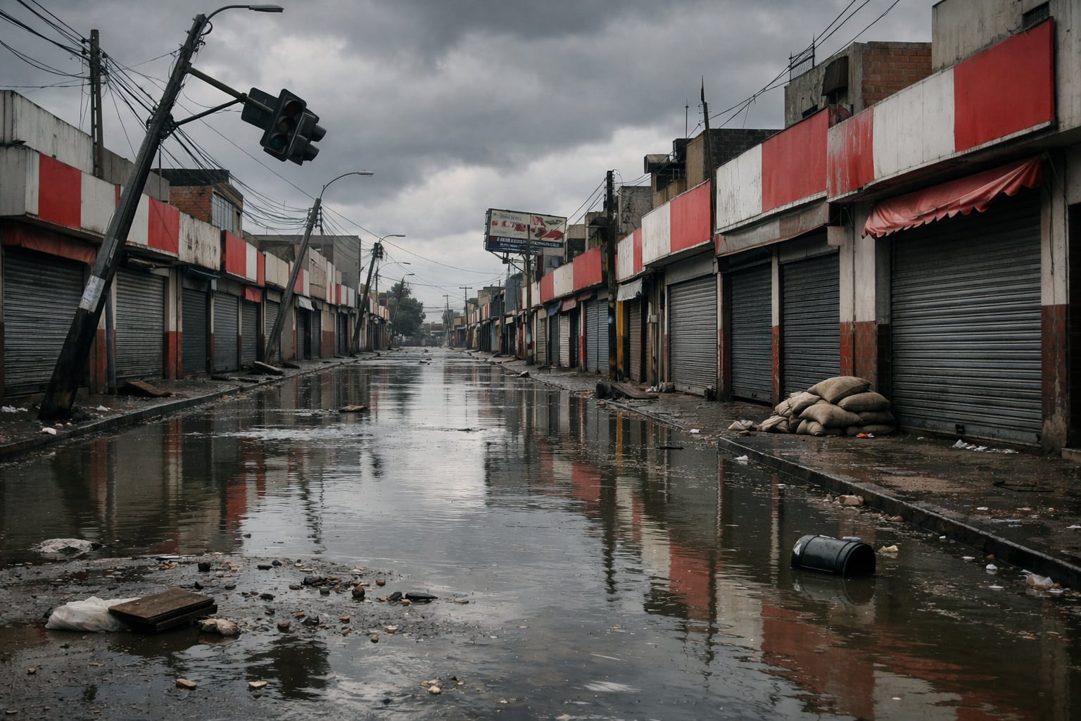 Una avenida comercial en Perú muestra comercios cerrados y postes inclinados, inundada por un temporal que indica la vulnerabilidad de las MYPE ante el fenómeno El Niño. (Imagen Ilustrativa Infobae)