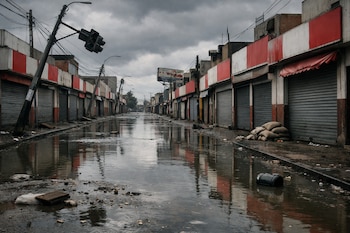 Avenida comercial peruana con calle inundada, postes y semáforos inclinados. Comercios cerrados con persianas y fachadas rojas y blancas. Cielo nublado gris.