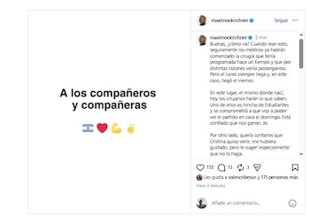 Captura de pantalla de un post de Instagram de Máximo Kirchner. Incluye texto "A los compañeros y compañeras" y emojis: bandera argentina, corazón, brazo y mano victoria