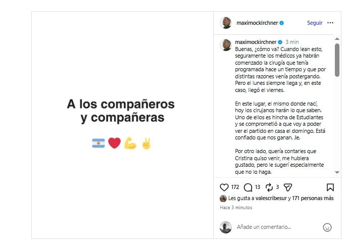 Máximo Kirchner compartió un mensaje en Instagram informando sobre una cirugía programada y agradeciendo a