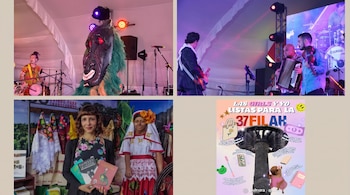 Collage de cuatro imágenes con actuaciones musicales, una máscara folclórica, una mujer con libros y artesanías, y una infografía del 37 FILAH con objetos personales.