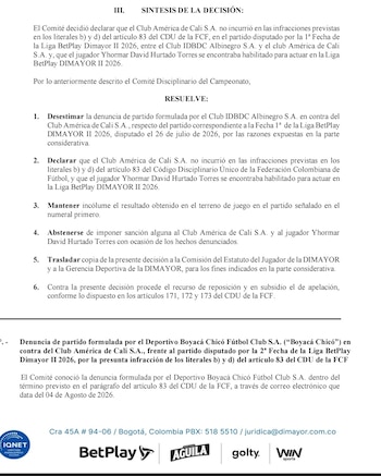 Esta fue la resolución de la División Mayor del Fútbol Colombiano, con la que desestimó otorgar los puntos a Inter de Bogotá y Boyacá Chicó, por el partido ante América de Cali - crédito Dimayor
