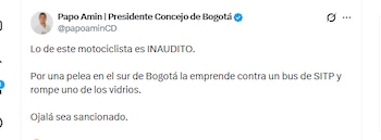 Papo Amín, presidente del Concejo de Bogotá, criticó conducta agresiva de un motociclista que rompió la ventana de un Sitp - crédito @papoaminCD/X