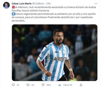 Edwin Cardona rechazó oferta de Arabia