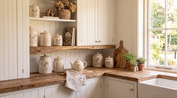 Cocina con encimera de madera, tarros de cerámica con flores pintadas, una tetera, macetas con plantas y una ventana con luz natural.