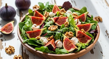 Ensalada fresca en cuenco de madera con hojas verdes, higos morados en cuartos, nueces, queso y reducción balsámica sobre una mesa de madera clara.