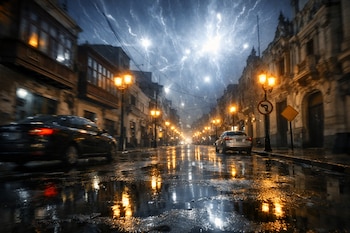 Calle urbana de noche, edificios, faroles encendidos, asfalto mojado y charcos. Destellos blancos difusos en el cielo. Dos automóviles y señales de tráfico.