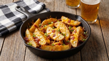 Papas gajo cubiertas con queso cheddar derretido, trozos de tocino y cebollín verde picado, presentadas en una sartén de hierro fundido sobre una mesa de madera rústica, con dos vasos de cerveza en el fondo.
