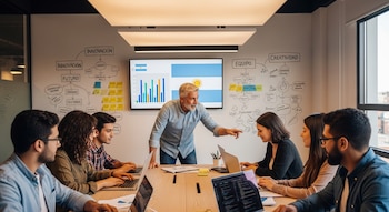 Hombre mayor señalando en reunión con jóvenes usando laptops. Pantalla muestra bandera de Argentina y gráficos. Pared con diagramas y post-its.