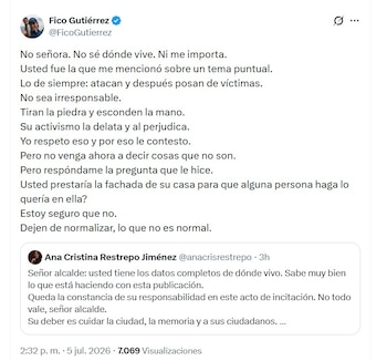 El alcalde negó conocer la dirección de la comunicadora Ana Cristina Restrepo y rechazó las acusaciones de incitación - crédito @FicoGutierrez/X