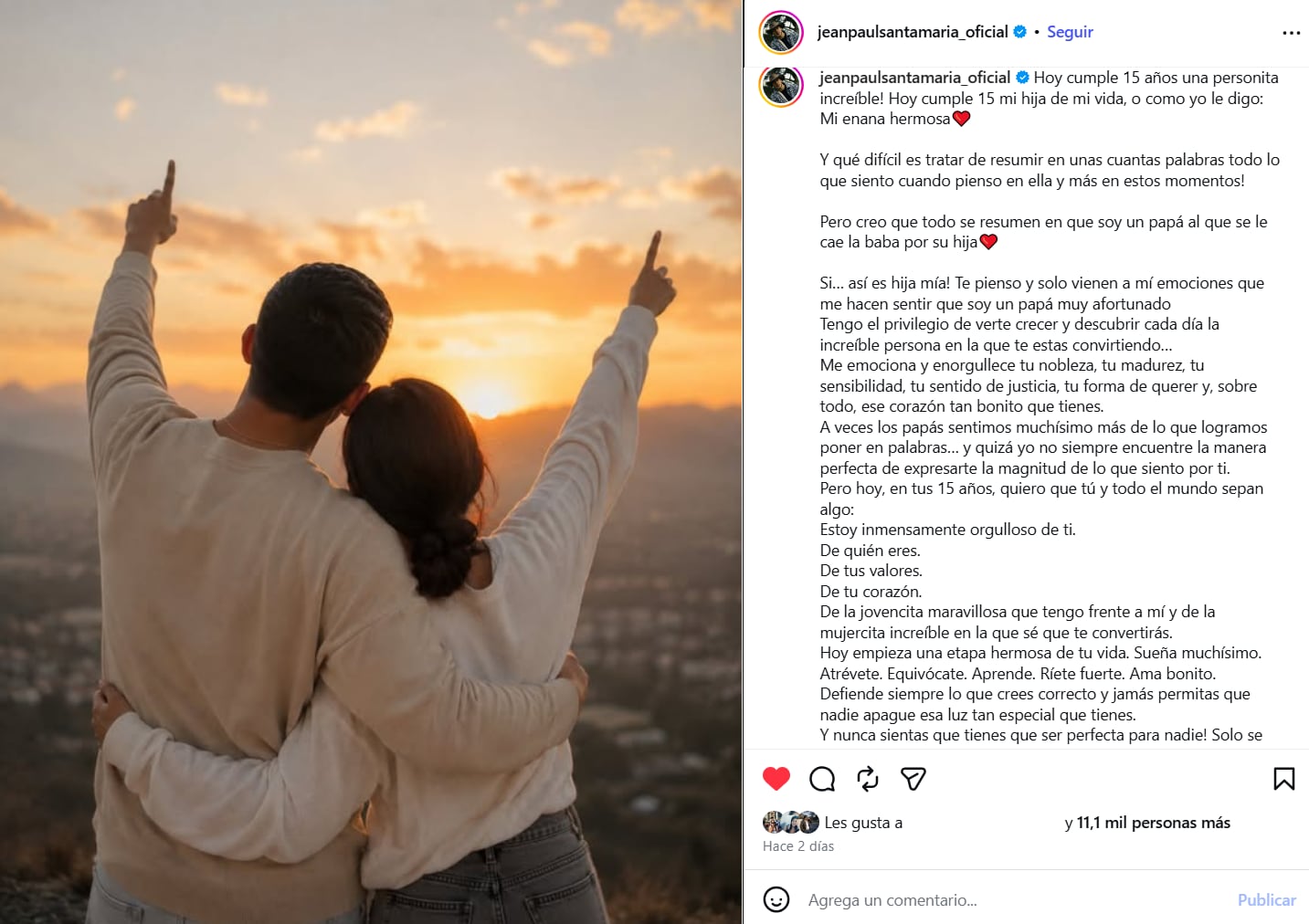 El músico Jean Paul Santa María dedica una publicación en redes sociales a su hija con motivo de su decimoquinto cumpleaños.