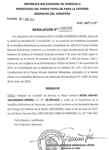Documento oficial con encabezado República Bolivariana de Venezuela y Ministerio de Defensa. Incluye texto de resolución, fecha, Caracas, firmas y un sello redondo