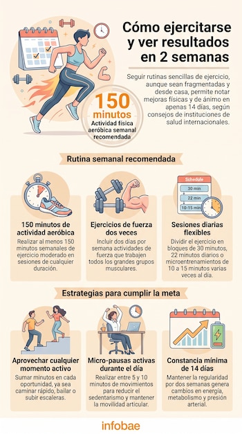 Ilustración de una persona corriendo, pesas, calendario con marcas, reloj, cronómetro y gráficos. Infografía con texto sobre rutinas de ejercicio para resultados rápidos. Fuente: Infobae.
