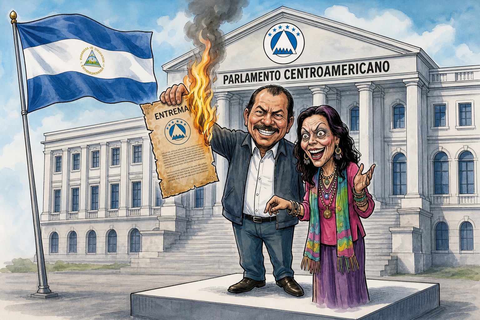 Una caricatura representa a Daniel Ortega mientras quema un documento del Parlamento Centroamericano junto a Rosario Murillo frente al edificio de la institución. (Imagen Ilustrativa Infobae)