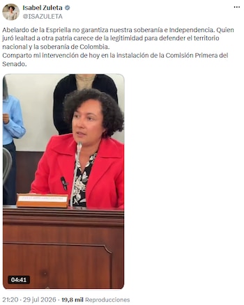 Isabel Zuleta insistió en que el Congreso no debe posesionar a Abelardo de la Espriella por su doble nacionalidad - crédito @ISAZULETA/X