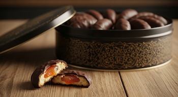 Caja redonda negra con decoración dorada, tapa apoyada, galletas ovaladas de chocolate en la caja, una galleta partida con relleno anaranjado, mesa de madera.