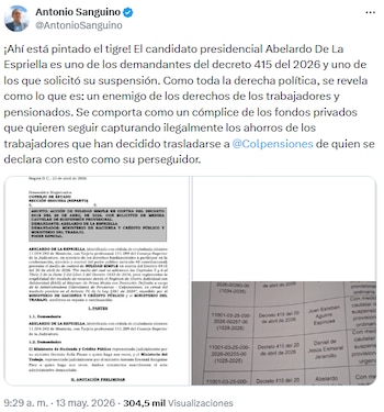 Antonio Sanguino señaló a Abelardo de la Espriella como opositor de la reforma pensional y defensor de fondos privados - crédito @ABDELAESPRIELLA/X