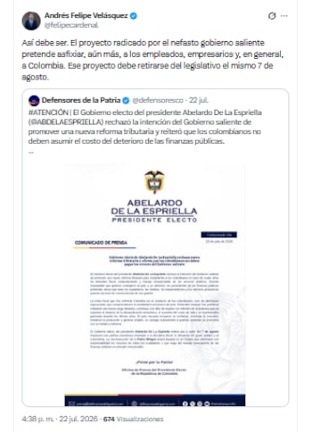 Andrés Felipe Velásquez se unió a la postura del presidente Abelardo de la Espriella de rechazar una reforma tributaria que el Gobierno del exmandatario Petro radicó - crédito @felipecardenal/X