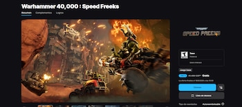 Vehículos Ork futuristas con personajes montados en un entorno desértico con estructuras metálicas. Hay fuego y explosiones, sugiriendo un combate