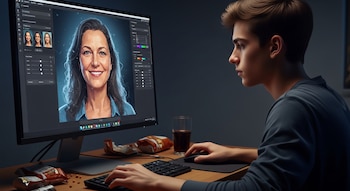 Joven de perfil frente a monitor de computadora mostrando un retrato digital de una mujer sonriendo. Teclado, ratón y snacks en el escritorio de madera.