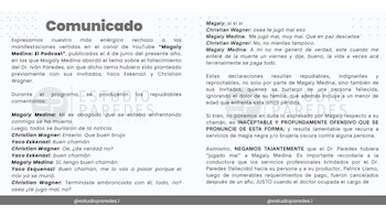 Documento impreso que muestra un comunicado del Estudio Paredes Abogados, rechazando comentarios de Magaly Medina sobre el fallecimiento de Iván Paredes