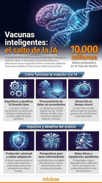 Infografía sobre vacunas con IA. Muestra un cerebro con circuitos y una hélice de ADN, con iconos de engranajes, una nube, cronómetro, escudo, caduceo y balanza, explicando su desarrollo y retos.