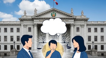 Ilustración del Palacio de Justicia de Perú con un hombre, una mujer y un niño pensativo. El niño tiene una burbuja de pensamiento y balanzas de la justicia.
