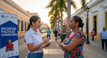 Una encuestadora con camisa blanca y portapapeles entrevista a una mujer con vestido floral en una acera con palmeras al fondo, junto a una pancarta azul.