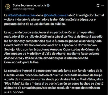 La Corte Suprema de Justicia abrió investigación formal y citó a indagatoria a la senadora Isabel Zuleta por el presunto abuso de función pública - crédito Corte Suprema de Justicia