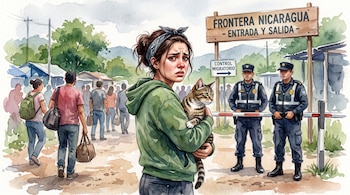Ilustración en acuarela de una joven que abraza a un gato frente a un letrero de frontera en Nicaragua y dos agentes de policía.