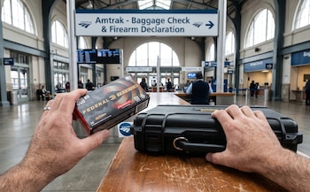 Manos sosteniendo una caja de municiones Federal y un estuche negro para armas sobre un mostrador de madera en una estación de Amtrak con cartel de declaración de armas