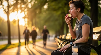 Mujer con camiseta gris sentada en un banco de parque, mordiendo una manzana roja. Sudor visible en su rostro, con una botella de agua y corredores difuminados de fondo.