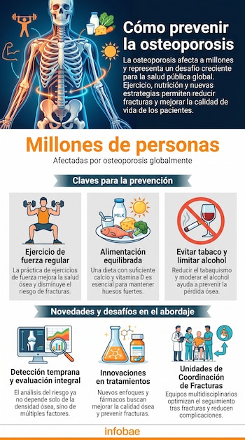 Infografía de prevención de osteoporosis con un esqueleto, iconos de ejercicio, dieta, sol, prohibición de tabaco y alcohol, ordenador, píldoras y médicos.