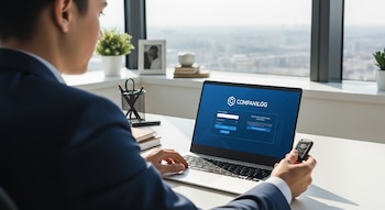 Un hombre de negocios con traje azul teclea en un portátil con pantalla de inicio de sesión, mientras sostiene un dispositivo de seguridad. Fondo de ventana con vista a la ciudad.